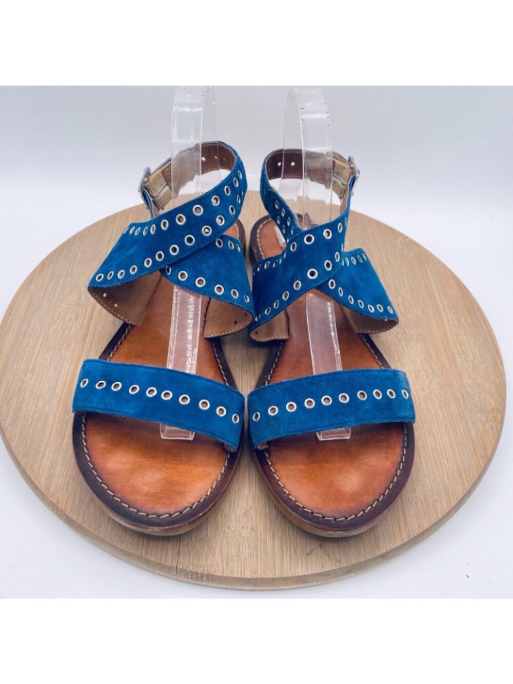 Miz Mooz Sandals Womens 8.5 Blue Leather Ankle Strap Studded Flats Peep - Picture 2 of 12